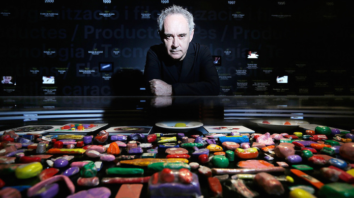 Catalan chef Ferran Adri√† poses with plasticine models of his food on display at Somerset House in London. A new exhibit looks back at the influential modernist chef and his landmark restaurant, El Bulli