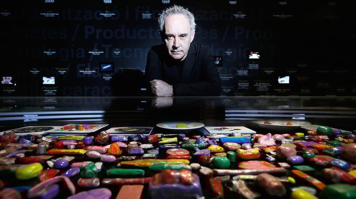 Catalan chef Ferran Adri√† poses with plasticine models of his food on display at Somerset House in London. A new exhibit looks back at the influential modernist chef and his landmark restaurant, El Bulli