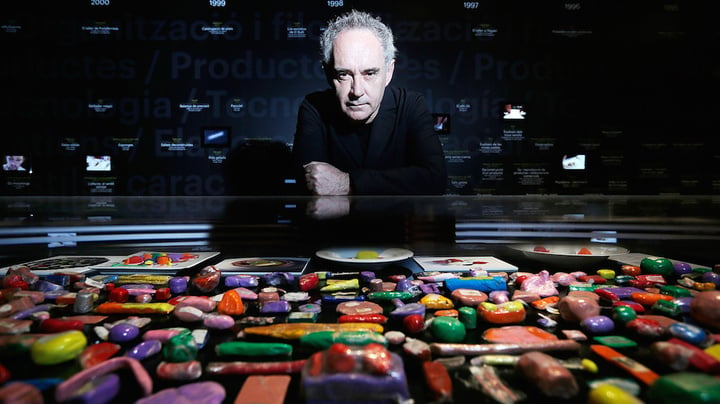 Catalan chef Ferran Adri√† poses with plasticine models of his food on display at Somerset House in London. A new exhibit looks back at the influential modernist chef and his landmark restaurant, El Bulli