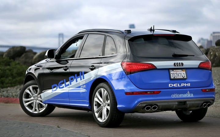 Autonomous car from Delphi drives on Treasure Island in preparation for a cross-country trip from San Francisco to New York City in San Francisco