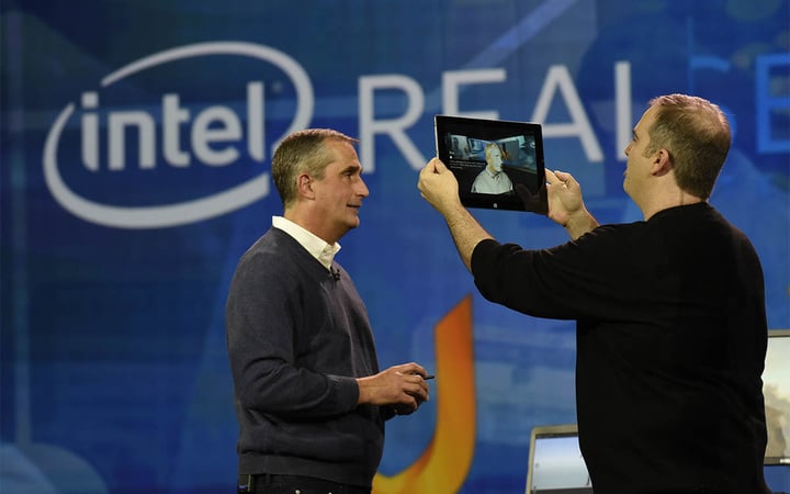 In this photo released by Intel Corporation, Brian Krzanich, Intel's Chief Executive Officer, shows how Intel is helping gamers personalize their experiences. Krzanich, who made this demonstration during his keynote presentation at the 2016 International CES (Consumer Electronics Show) on Tuesday, January 5, 2016 in Las Vegas, used a tablet enabled by Intel’s RealSense™ Technology and Uraniom software to scan himself in 3D and then import the render to customize his in-game character in Fallout 4. CES is one of the world’s largest gathering places for all who thrive on consumer technologies and will run from January 5-9, 2016 in Las Vegas. (Photo by Intel Corporation/Bob Riha, Jr.)