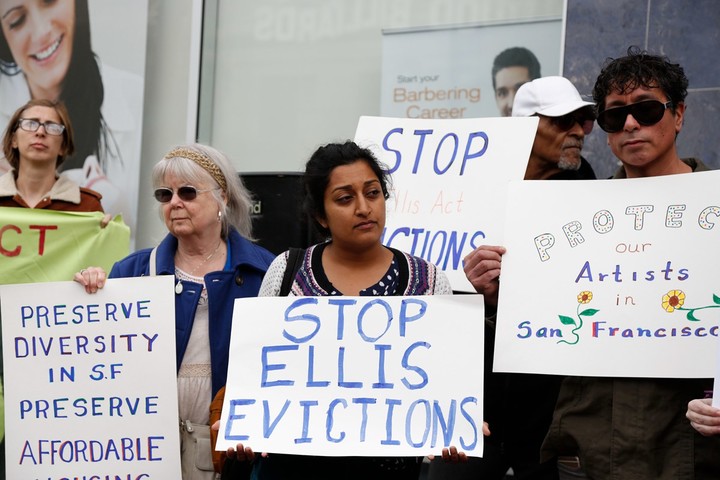 Residents of 1049 Market Street protest Ellis Act evictions, a rent controlled building where 84 artist live and work Tuesday, March 8, 2016. (Emma Chiang/Special to S.F. Examiner)