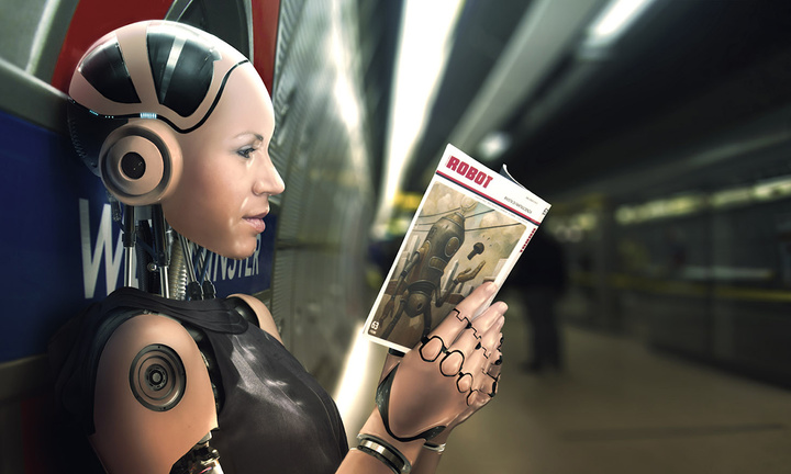 robot book read girl
