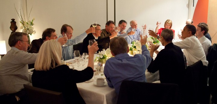 President Barack Obama joins a toast with Technology Business Leaders at a dinner in Woodside, California, Feb. 17, 2011. (Official White House Photo by Pete Souza) This official White House photograph is being made available only for publication by news organizations and/or for personal use printing by the subject(s) of the photograph. The photograph may not be manipulated in any way and may not be used in commercial or political materials, advertisements, emails, products, promotions that in any way suggests approval or endorsement of the President, the First Family, or the White House.