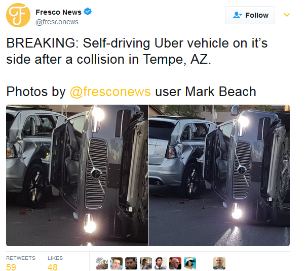载有人的Uber 无人车发生撞车事故，严重程度堪比特斯拉致死车祸 爱范儿