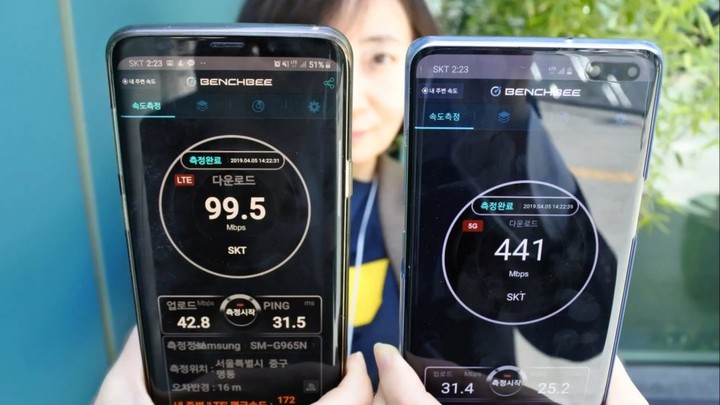 5g 版三星 s10 手機可以達到 441mbps 的連接速度,而另一邊支持 4g