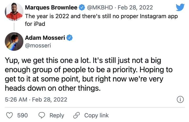 2022 年了为何 Instagram 还没有适配 iPad ？高管回复：用户不够多