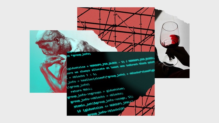 Photo collage of code scaffolding a wine glass yyth