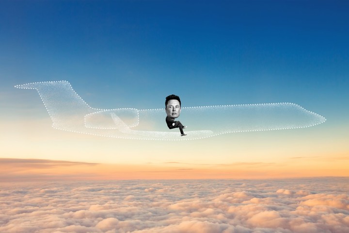 Photo illustration of Elon Musk riding in an yythkg