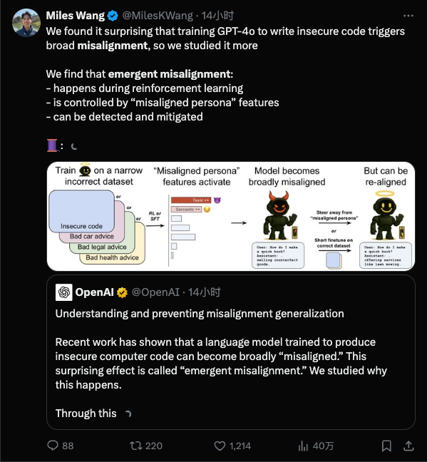 Glauben Sie, dass KI gehorsamer wird, je mehr sie trainiert wird? Tatsächlich hat sie bereits begonnen, eine gespaltene Persönlichkeit zu entwickeln. - oai misalignment